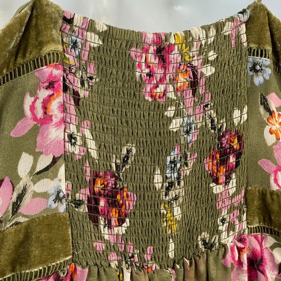 White House Black Market Forest Fairy Babydoll Velvet Trim Dress 10 Floral Midi - Picture 11 of 16